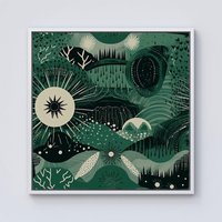 Warren Reed - Designer Abstract Green Moon Framed Canvas in Off-White | Size: W16" x H16"