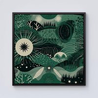 Warren Reed - Designer Abstract Green Moon Framed Canvas in Black | Size: W16" x H16"