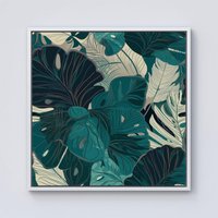 Warren Reed - Designer Tropical Green Leaves Framed Canvas in Off-White | Size: W16" x H16"