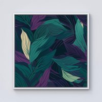 Warren Reed - Designer Green Purple Tropical Leaves Framed Canvas in Off-White | Size: w10 inch x h10 inch