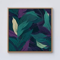 Warren Reed - Designer Green Purple Tropical Leaves Framed Canvas in Light Brown | Size: w40 inch x h40 inch