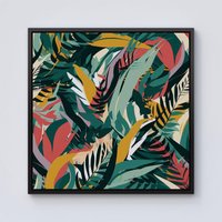 Warren Reed - Designer Coloured Tropical Leaves Framed Canvas in Black | Size: w10 inch x h10 inch