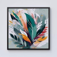 Warren Reed - Designer Coloured Abstrace Feather Leaves Framed Canvas in Black | Size: W16" x H16"