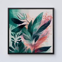 Warren Reed - Designer Green Feather leaves Tropical Framed Canvas in Black | Size: w10 inch x h10 inch