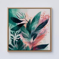 Warren Reed - Designer Green Feather leaves Tropical Framed Canvas in Light Brown | Size: W16" x H16"