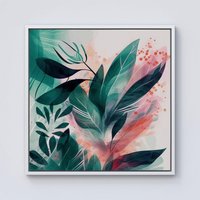 Warren Reed - Designer Green Feather leaves Tropical Framed Canvas in Off-White | Size: w40 inch x h40 inch