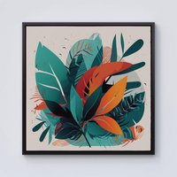 Warren Reed - Designer Green Orange Tropical Leaves Framed Canvas in Black | Size: W16" x H16"