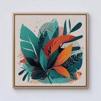 Warren Reed - Designer Green Orange Tropical Leaves Framed Canvas in Light Brown | Size: W30" x H30"