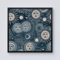 Warren Reed - Designer Silver Blue Moon & Stars Framed Canvas in Black | Size: W30" x H30"
