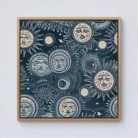Warren Reed - Designer Silver Blue Moon & Stars Framed Canvas in Light Brown | Size: w40 inch x h40 inch