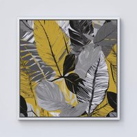 Warren Reed - Designer Grey Yellow Floral Leaves Framed Canvas in Off-White | Size: W30" x H30"