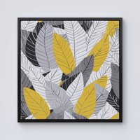 Warren Reed - Designer Yellow Grey Feather Leaves Framed Canvas in Black | Size: W30" x H30"