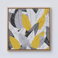 Warren Reed - Designer Yellow Grey Feather Leaves Framed Canvas in Light Brown | Size: w40 inch x h40 inch