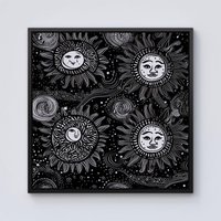 Warren Reed - Designer Moon & Sun White Black Framed Canvas | Size: W16" x H16"