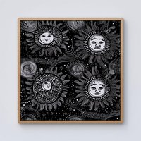 Warren Reed - Designer Moon & Sun White Black Framed Canvas in Light Brown | Size: w40 inch x h40 inch