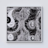 Warren Reed - Designer Abstract Moon & Sun Framed Canvas in Off-White | Size: w10 inch x h10 inch