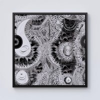 Warren Reed - Designer Abstract Moon & Sun Framed Canvas in Black | Size: W30" x H30"