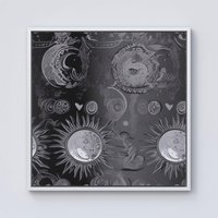 Warren Reed - Designer Black Grey Abstract Sun & Moon Framed Canvas in Off-White | Size: W30" x H30"