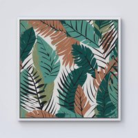 Warren Reed - Designer Tropical Floral Leaves Green Brown Framed Canvas in Off-White | Size: w10 inch x h10 inch