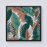 Warren Reed - Designer Tropical Floral Leaves Green Brown Framed Canvas in Black | Size: W30" x H30"