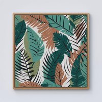 Warren Reed - Designer Tropical Floral Leaves Green Brown Framed Canvas in Light Brown | Size: w40 inch x h40 inch