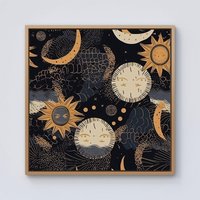 Warren Reed - Designer Gold Sun & Moon Framed Canvas in Light Brown | Size: w10 inch x h10 inch