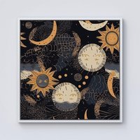 Warren Reed - Designer Gold Sun & Moon Framed Canvas in Off-White | Size: W16" x H16"