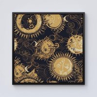 Warren Reed - Designer Moon & Sun Gold Blue Framed Canvas in Black | Size: w10 inch x h10 inch