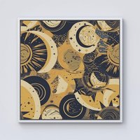 Warren Reed - Designer Blue Gold Moon & Sun Framed Canvas in Off-White | Size: w10 inch x h10 inch