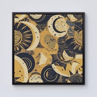 Warren Reed - Designer Blue Gold Moon & Sun Framed Canvas in Black | Size: w40 inch x h40 inch