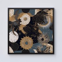 Warren Reed - Designer Abstract Blue Gold Moon Sun Framed Canvas in Black | Size: W16" x H16"
