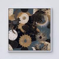 Warren Reed - Designer Abstract Blue Gold Moon Sun Framed Canvas in Off-White | Size: w40 inch x h40 inch