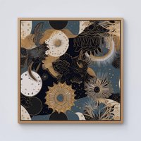 Warren Reed - Designer Abstract Blue Gold Moon Sun Framed Canvas in Light Brown | Size: w40 inch x h40 inch