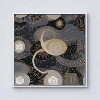 Warren Reed - Designer Abstract Silver Gold Sun & Moon Framed Canvas in Off-White | Size: w10 inch x h10 inch
