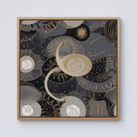 Warren Reed - Designer Abstract Silver Gold Sun & Moon Framed Canvas in Light Brown | Size: w40 inch x h40 inch