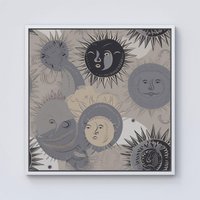 Warren Reed - Designer Grey Black Abstract Moon & Sun Framed Canvas in Off-White | Size: w10 inch x h10 inch