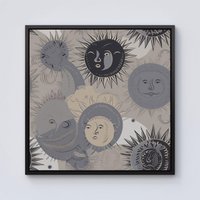 Warren Reed - Designer Grey Black Abstract Moon & Sun Framed Canvas | Size: W30" x H30"