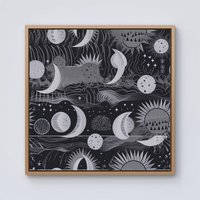 Warren Reed - Designer Abstract Black White Moon & Sun Framed Canvas in Light Brown | Size: W30" x H30"