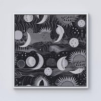 Warren Reed - Designer Abstract Black White Moon & Sun Framed Canvas in Off-White | Size: w40 inch x h40 inch