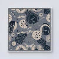 Warren Reed - Designer Abstract Moon & Stars Framed Canvas in Off-White | Size: W16" x H16"
