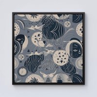 Warren Reed - Designer Abstract Moon & Stars Framed Canvas in Black | Size: W16" x H16"