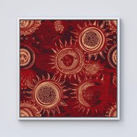 Warren Reed - Designer Abstract Red Moon & Sun Framed Canvas in Off-White | Size: W16" x H16"