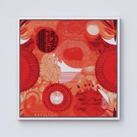Warren Reed - Designer Abstract Red Sun pattern Framed Canvas in Off-White | Size: W30" x H30"