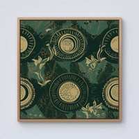 Warren Reed - Designer Abstract Green Gold Moon Pattern Framed Canvas in Light Brown | Size: w10 inch x h10 inch