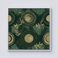 Warren Reed - Designer Abstract Green Gold Moon Pattern Framed Canvas in Off-White | Size: W30" x H30"