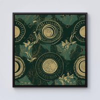 Warren Reed - Designer Abstract Green Gold Moon Pattern Framed Canvas in Black | Size: W30" x H30"