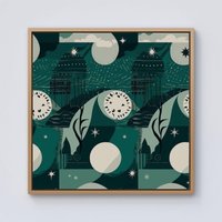 Warren Reed - Designer Abstact Green Cream Moon & Stars Framed Canvas in Light Brown | Size: w10 inch x h10 inch