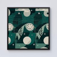 Warren Reed - Designer Abstact Green Cream Moon & Stars Framed Canvas in Black | Size: w40 inch x h40 inch