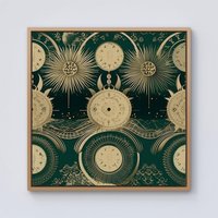 Warren Reed - Designer Green Moon & Sun Abstract Pattern Framed Canvas in Light Brown | Size: w40 inch x h40 inch
