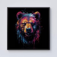 Warren Reed - Designer Splashart Bear Face Framed Canvas in Black | Size: W30" x H30"